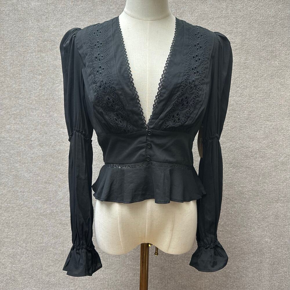 Few Moda Kourt Tensley Top Long Sleeve Lace V Neck Blouse Black Small Whimsigoth